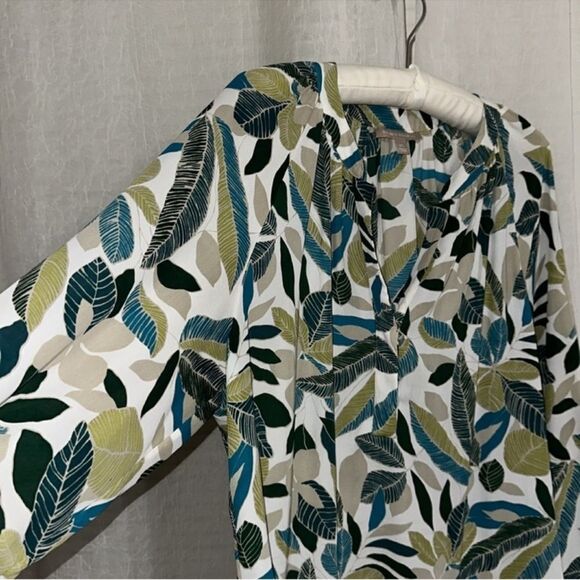 BR XL Beautiful White Green Cream Tropical Leaf Print Long Sleeve Blouse - Picture 12 of 16